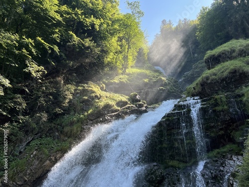 Giessbach Falls in the eponymous nature park and over Lake Brienz - Giessbachfälle (Giessbachfaelle) im gleichnamigen Naturpark und über dem Brienzersee-Canton of Bern, Switzerland (Schweiz) photo