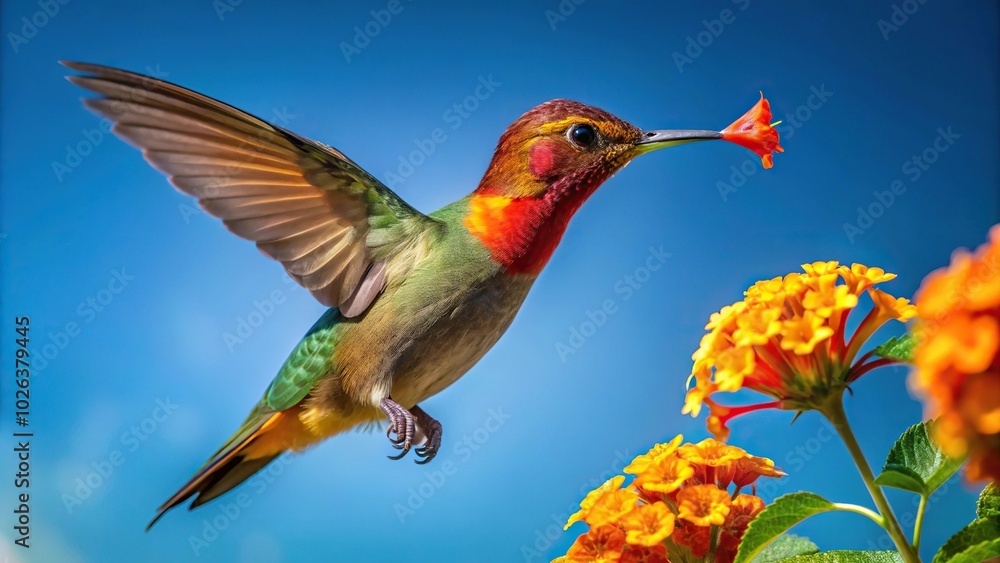 Fototapeta premium Colorful Ruby Topaz hummingbird feeding on orange flowers isolated in blue sky