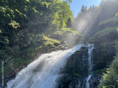 Giessbach Falls in the eponymous nature park and over Lake Brienz - Giessbachfälle (Giessbachfaelle) im gleichnamigen Naturpark und über dem Brienzersee-Canton of Bern, Switzerland (Schweiz) photo