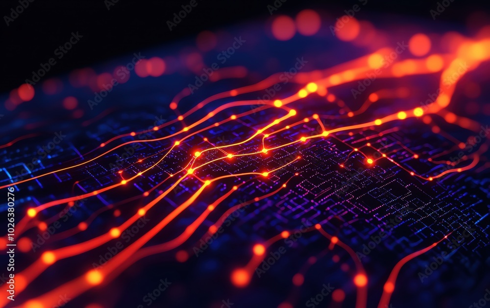 Abstract digital illustration of glowing circuit board patterns in vibrant colors. Abstract digital illustration of glowing circuit board patterns in vibrant colors.