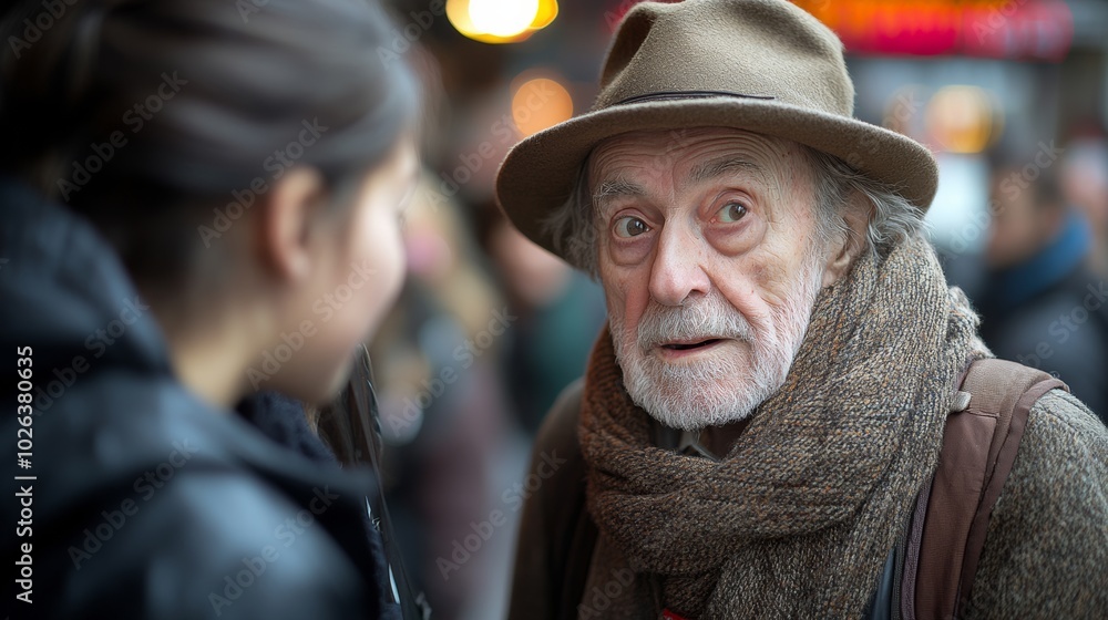 Man and a woman are standing next to each other. The man is wearing a brown jacket and a scarf, while the woman is wearing a black jacket. old man offending a group of young people at a bus stop Man and a woman are standing next to each other. The man is wearing a brown jacket and a scarf, while the woman is wearing a black jacket. old man offending a group of young people at a bus stop