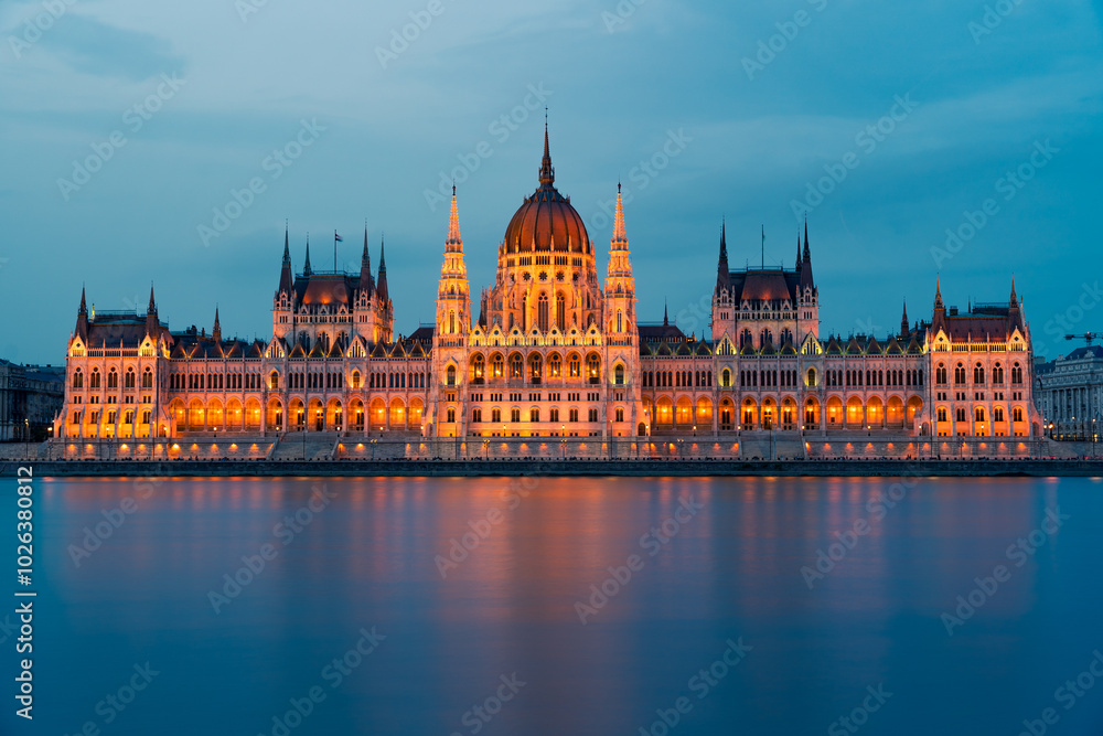 Beautiful Parliament in the city of Budapest with everything illuminated at night, Hungary Beautiful Parliament in the city of Budapest with everything illuminated at night, Hungary
