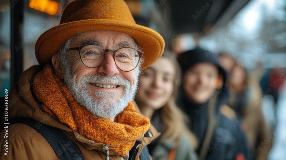 Man and a woman are standing next to each other. The man is wearing a brown jacket and a scarf, while the woman is wearing a black jacket. old man offending a group of young people at a bus stop Man and a woman are standing next to each other. The man is wearing a brown jacket and a scarf, while the woman is wearing a black jacket. old man offending a group of young people at a bus stop