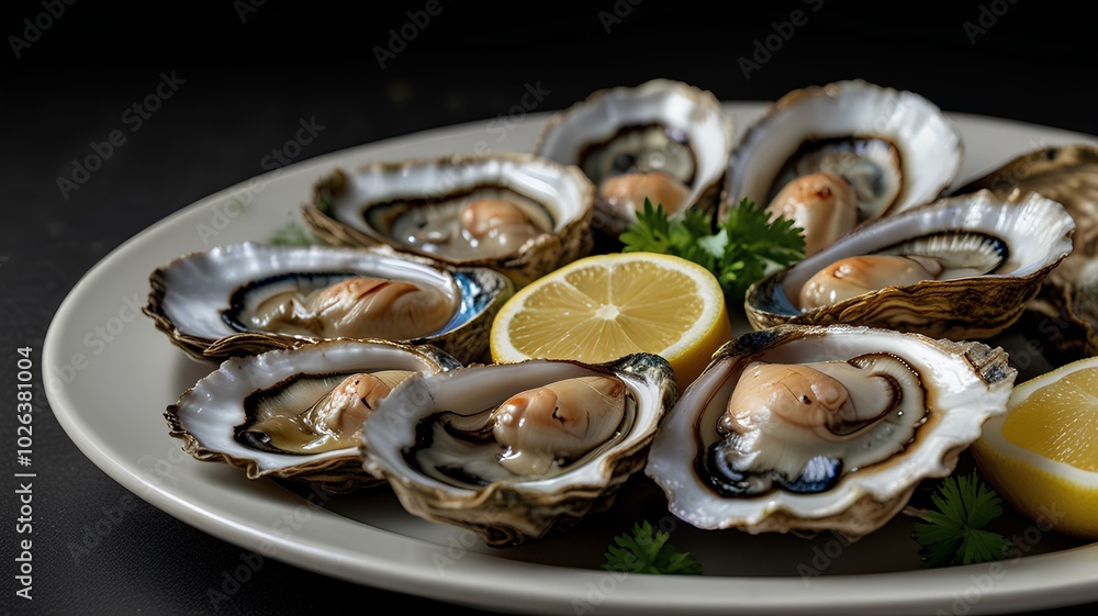 Plate of fresh oysters with a lemon slice and parsley on a black background. Plate of fresh oysters with a lemon slice and parsley on a black background.
