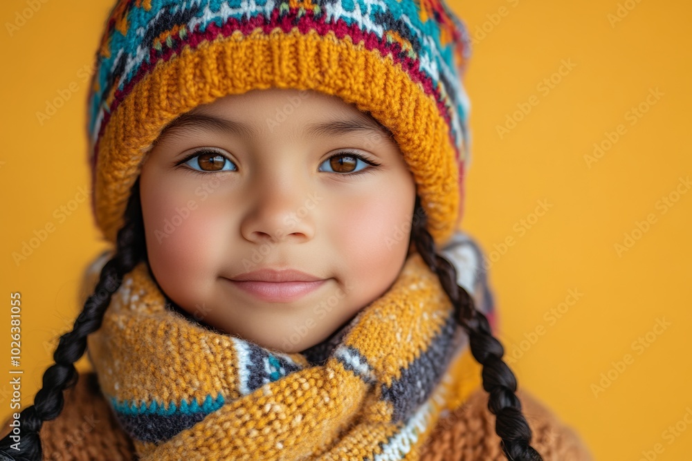 Young girl wearing a yellow coat and gloves is smiling. Concept of warmth and happiness, Indigenous child in a warm hoodie and mittens on an isolated light yellow background with copy space Young girl wearing a yellow coat and gloves is smiling. Concept of warmth and happiness, Indigenous child in a warm hoodie and mittens on an isolated light yellow background with copy space