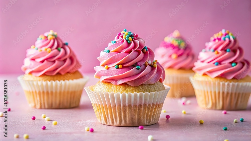Colorful sprinkled vanilla cupcakes with pink frosting on a white background Colorful sprinkled vanilla cupcakes with pink frosting on a white background
