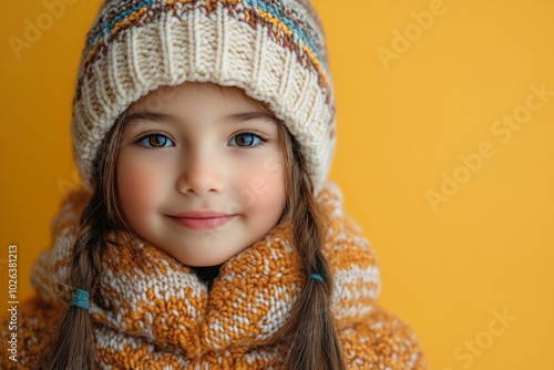 Young girl wearing a yellow coat and gloves is smiling. Concept of warmth and happiness, Indigenous child in a warm hoodie and mittens on an isolated light yellow background with copy space