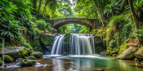 Fototapeta Naklejka Na Ścianę i Meble -  Small waterfall flowing under a bridge in a lush tropical forest view from below