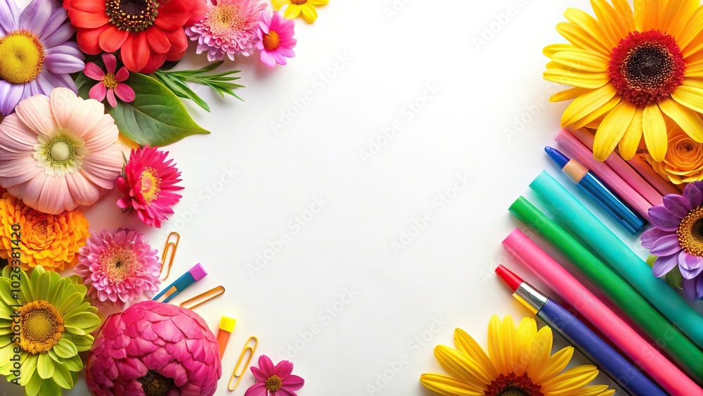 Fototapeta premium Colorful stationery and floral elements on a white background close-up
