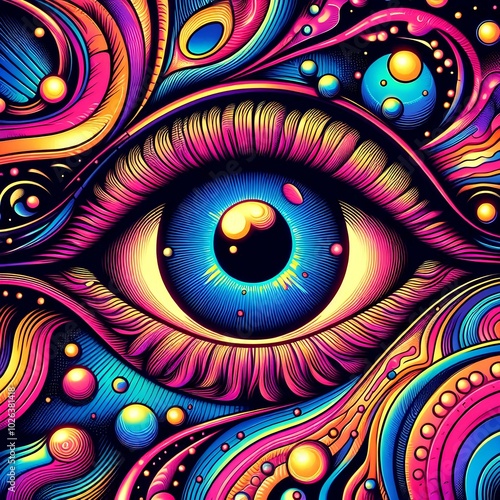 Psychedelic trippy eye vision drawing. Abstract surreal cosmic neon background. Bright acid graffiti wall painting cartoon. Hallucinating illusion design. Modern trendy digital pop art illustration.