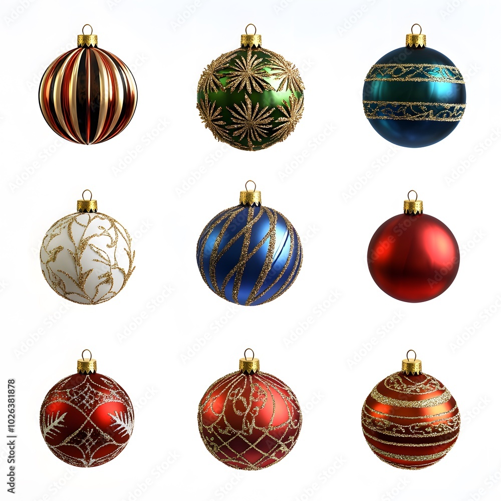 Elegant christmas ornaments with glittering designs on white background Elegant christmas ornaments with glittering designs on white background