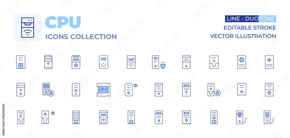 CPU icons collection. Line Duotone style, editable stroke. case, desktop, datastorage, cpu, cputower CPU icons collection. Line Duotone style, editable stroke. case, desktop, datastorage, cpu, cputower
