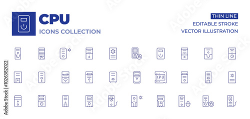 CPU icons collection. Thin Line icons, editable stroke. pctower, case, desktop, datastorage, cpu, cputower photo