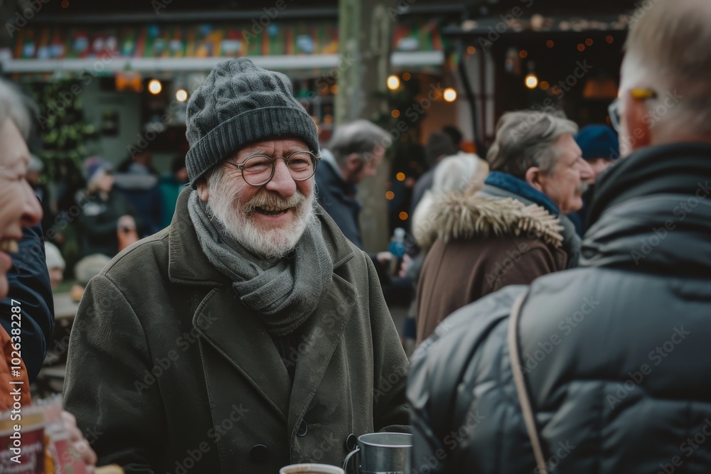 Elderly man with a gray beard and glasses on a Christmas market Elderly man with a gray beard and glasses on a Christmas market