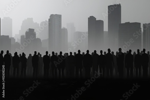 Silhouettes of Unity: Isolated Solidarity Crowd with Abstract Cityscape