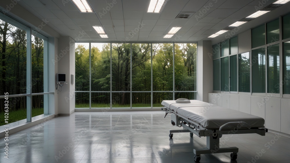 Fototapeta premium An empty examination room with a large window overlooking a wooded area.