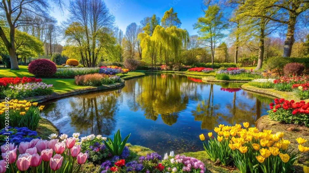 Spring colorful flowers in a garden pond Spring colorful flowers in a garden pond