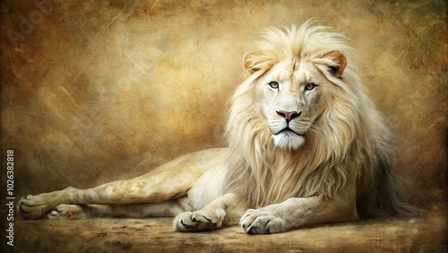 Oil painting of a white lion in vintage sepia grunge style photo