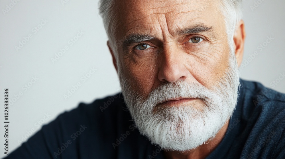 A man with a beard and gray hair is wearing a blue shirt A man with a beard and gray hair is wearing a blue shirt