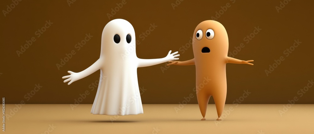 A cartoonish ghost and a brown creature are standing next to each other A cartoonish ghost and a brown creature are standing next to each other