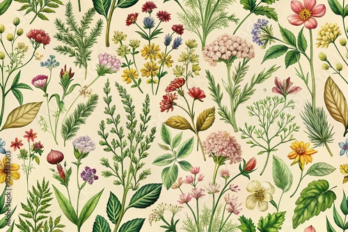 Vintage botanical floral seamless pattern with herbs and leaves background, reflected