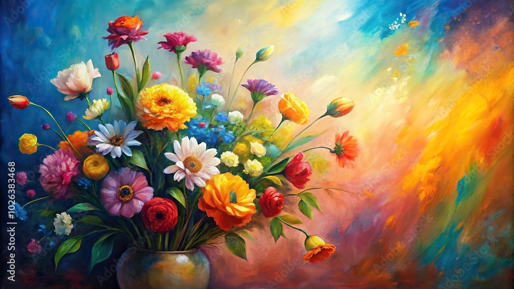 Oil painting of colorful flowers with abstract background Oil painting of colorful flowers with abstract background