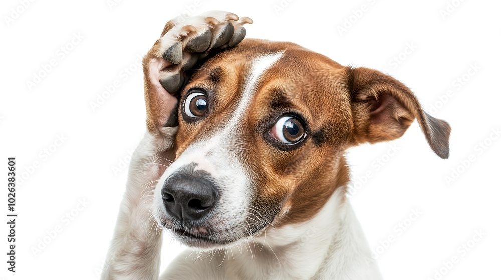a dog holding its head with a surprising look, plain white background a dog holding its head with a surprising look, plain white background