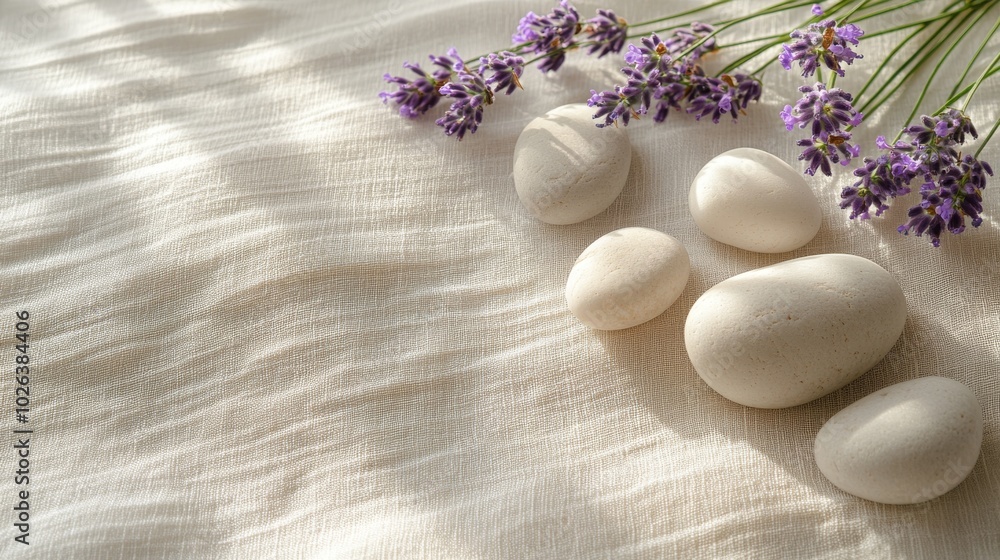 White Stones and Lavender Flowers on a Linen Fabric Background White Stones and Lavender Flowers on a Linen Fabric Background