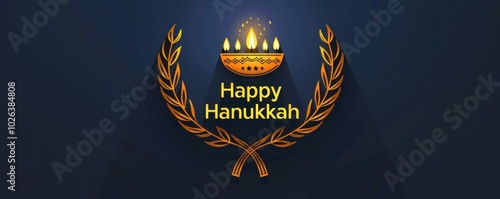 Happy Hanukkah greeting with menorah and laurel wreath on dark background photo