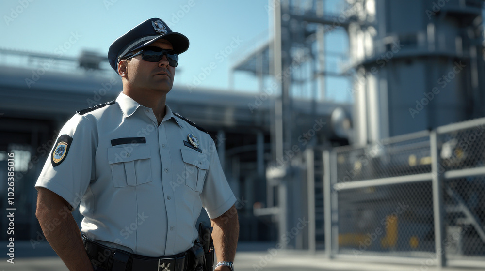 Security Officer in Industrial Area with Sunglasses Security Officer in Industrial Area with Sunglasses