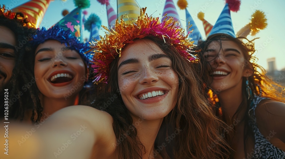Fototapeta premium Friends Celebrating New Year's Eve with Party Hats and Noisemakers
