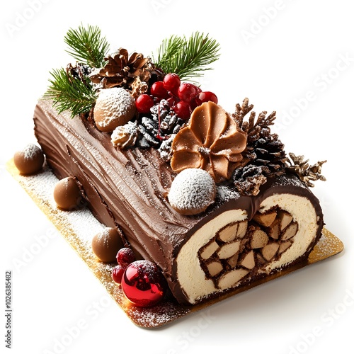 Festive yule log cake adorned with chocolate, pinecones, and holiday decor