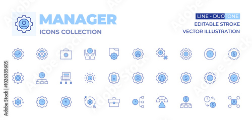 Manager icons collection. Line Duotone style, editable stroke. content management, outsourcing, briefcase, time management, management, time manager, hr, arrows, content plan, work time