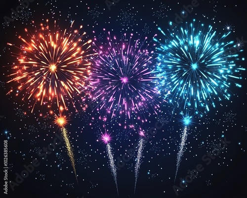 Fireworks lighting the night sky with bright bursts of color, creating a cheerful and lively atmosphere for New Years Eve and holiday festivities