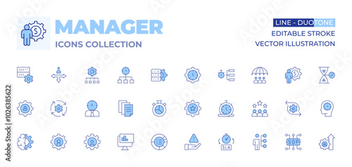 Manager icons collection. Line Duotone style, editable stroke. manager, risk management, hr manager, allocation, network, machine learning, business, analysis, sop, sla