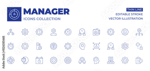 Manager icons collection. Thin Line icons, editable stroke. management, manager, time management, content management, data management