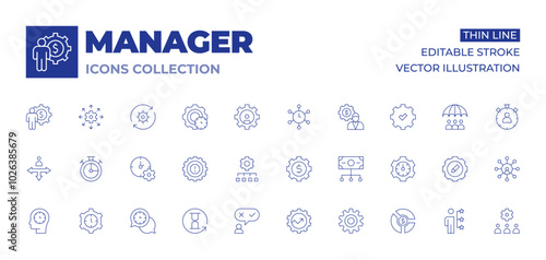 Manager icons collection. Thin Line icons, editable stroke. money management, management, hourglass, candidate, coordination, time management, risk management, decision making, chronometer