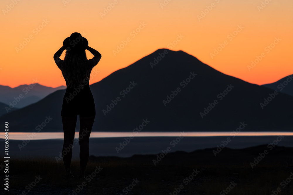 Fototapeta premium Silhouette of a woman at sunset with mountains and lake in the background