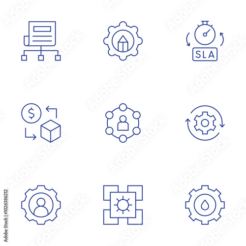 Manager icons set. Thin Line style, editable stroke. content plan, planning, sell, user, application, sla, arrows, settings