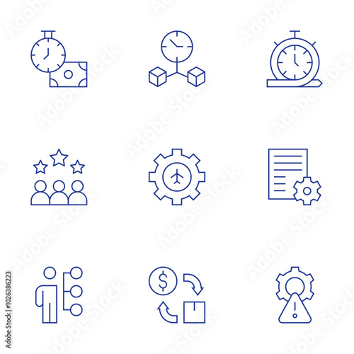 Manager icons set. Thin Line style, editable stroke. hr manager, cash flow, risk management, appraisal, gear, content management, time management