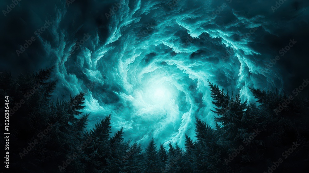 Swirling Hurricane Above Dark Forest Landscape Swirling Hurricane Above Dark Forest Landscape