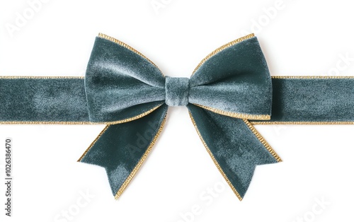 Elegant teal velvet ribbon bow with golden edges, white isolated background.
