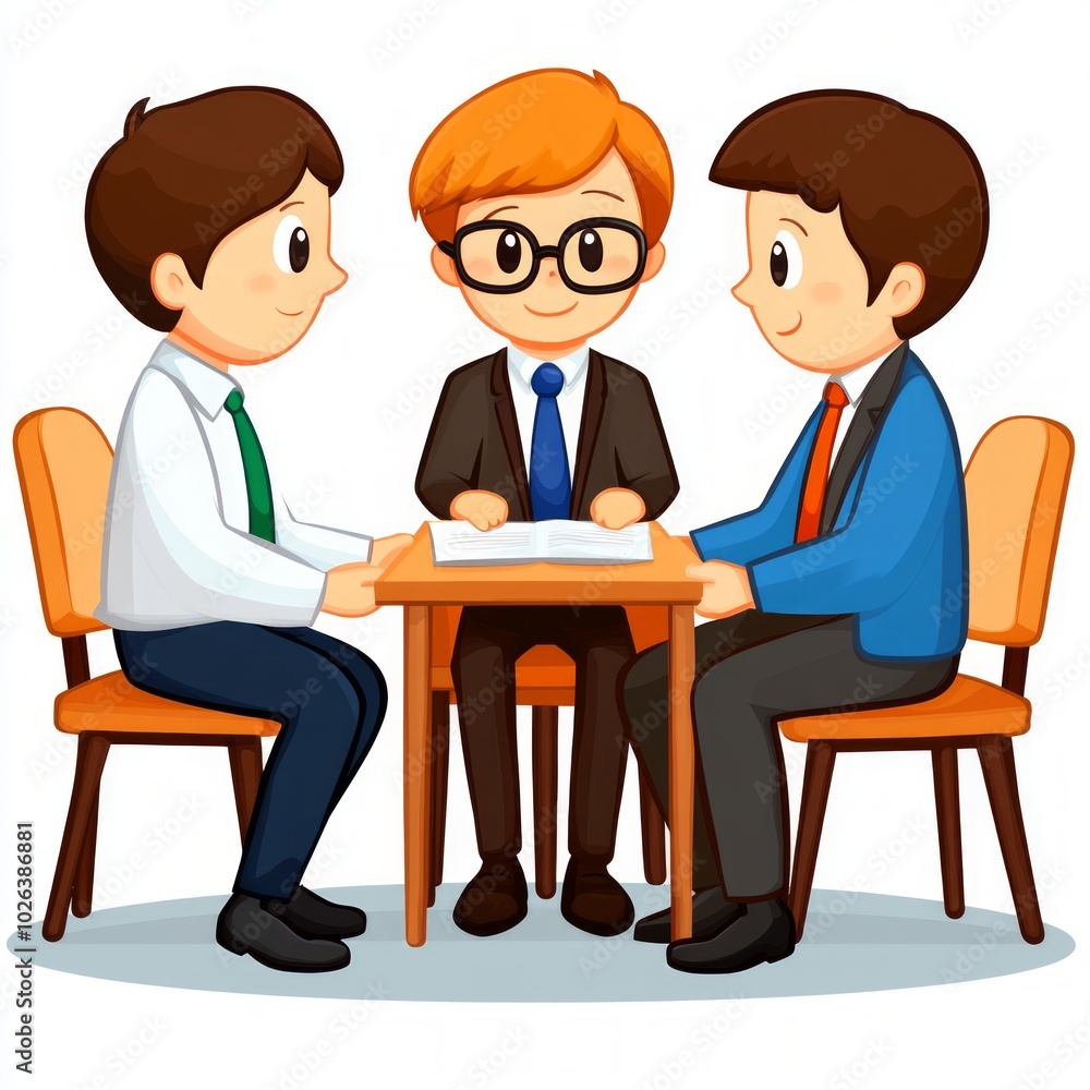 Three men in a meeting discussing over a table. Three men in a meeting discussing over a table.