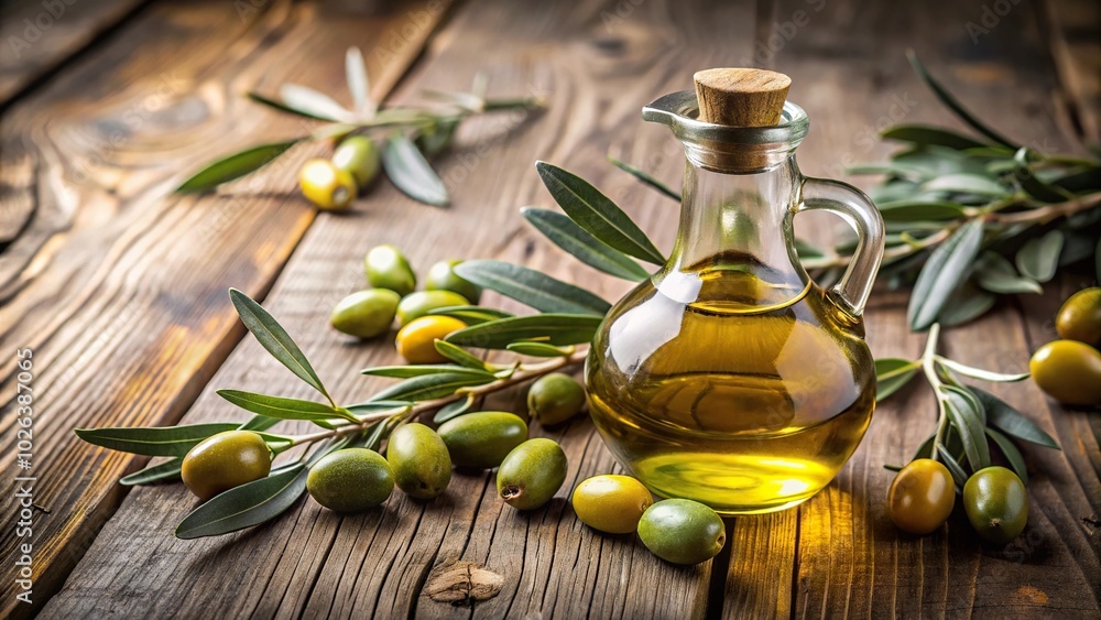 Olive oil and olive branch on a wooden table Olive oil and olive branch on a wooden table