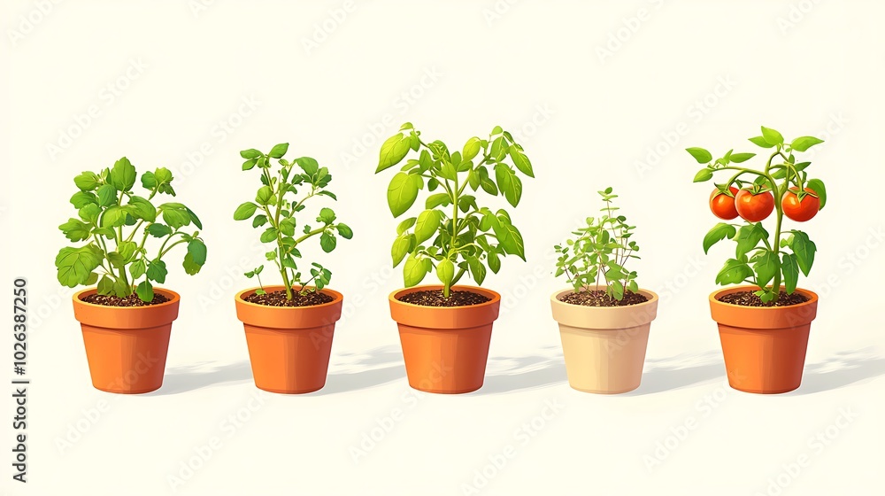 Fresh Herbs and Tomatoes in Pots for Home Gardening Fresh Herbs and Tomatoes in Pots for Home Gardening
