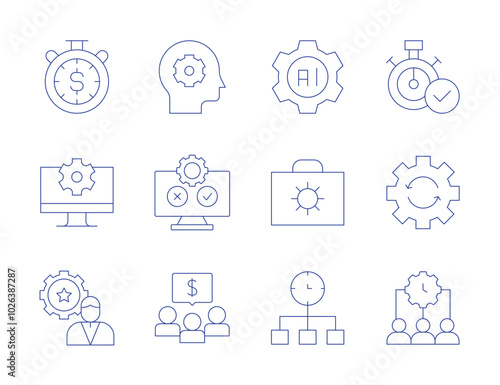 Manager icons. Thin Line style, editable stroke. management, software testing, money, system, process, time management, manage, artificial intelligence, briefcase