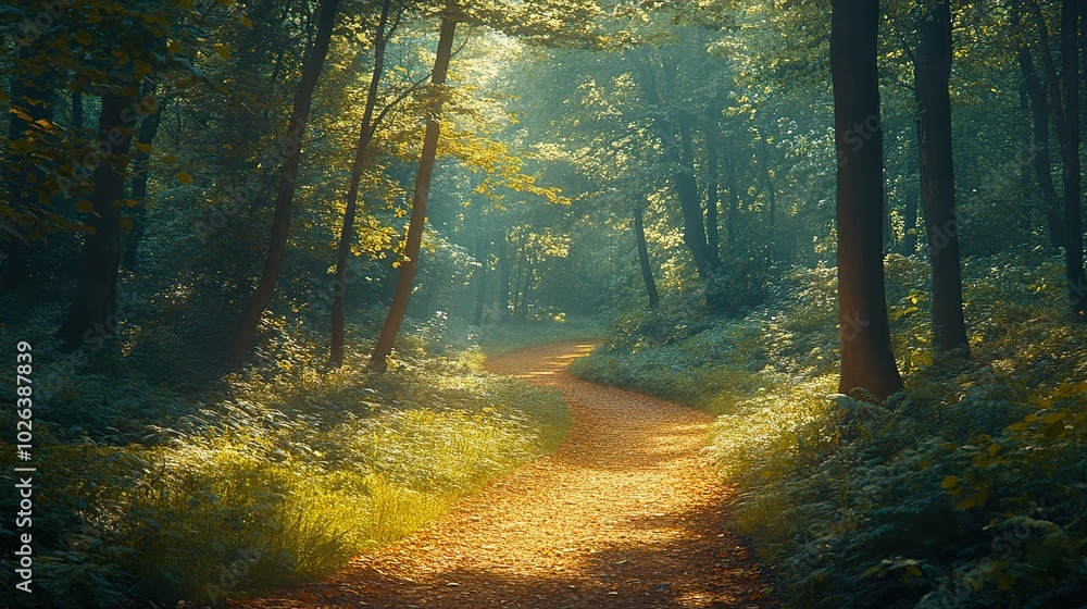 Fototapeta premium Serene Forest Path: Tranquility and Mental Wellbeing