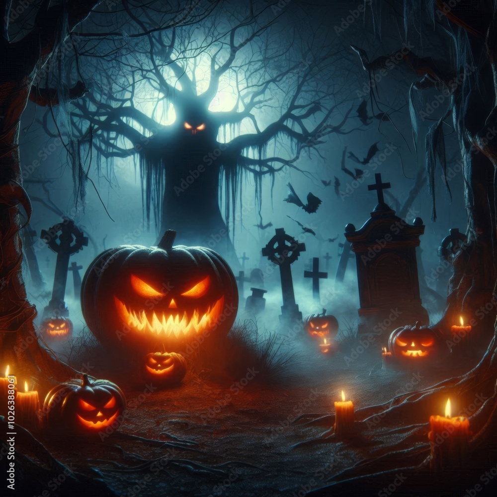 Fototapeta premium Creepy Pumpkin and Tombstones at Night