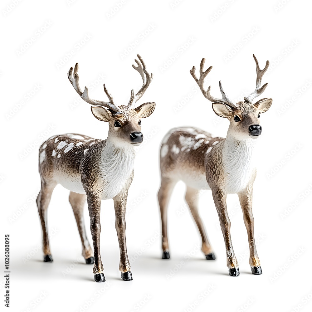 Fototapeta premium Two realistic deer figurines with antlers on white background