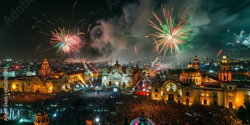 Panorama of a night city with  fireworks celebrating Mexican Independence Day